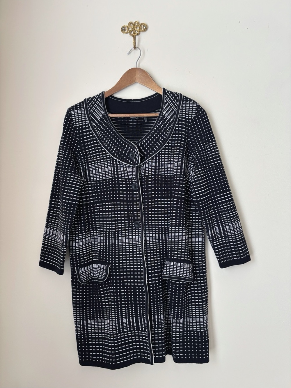 Nic+Zoe BLack & White Stretch Knit Longline Cardigan Sweater Large Quiet Luxury